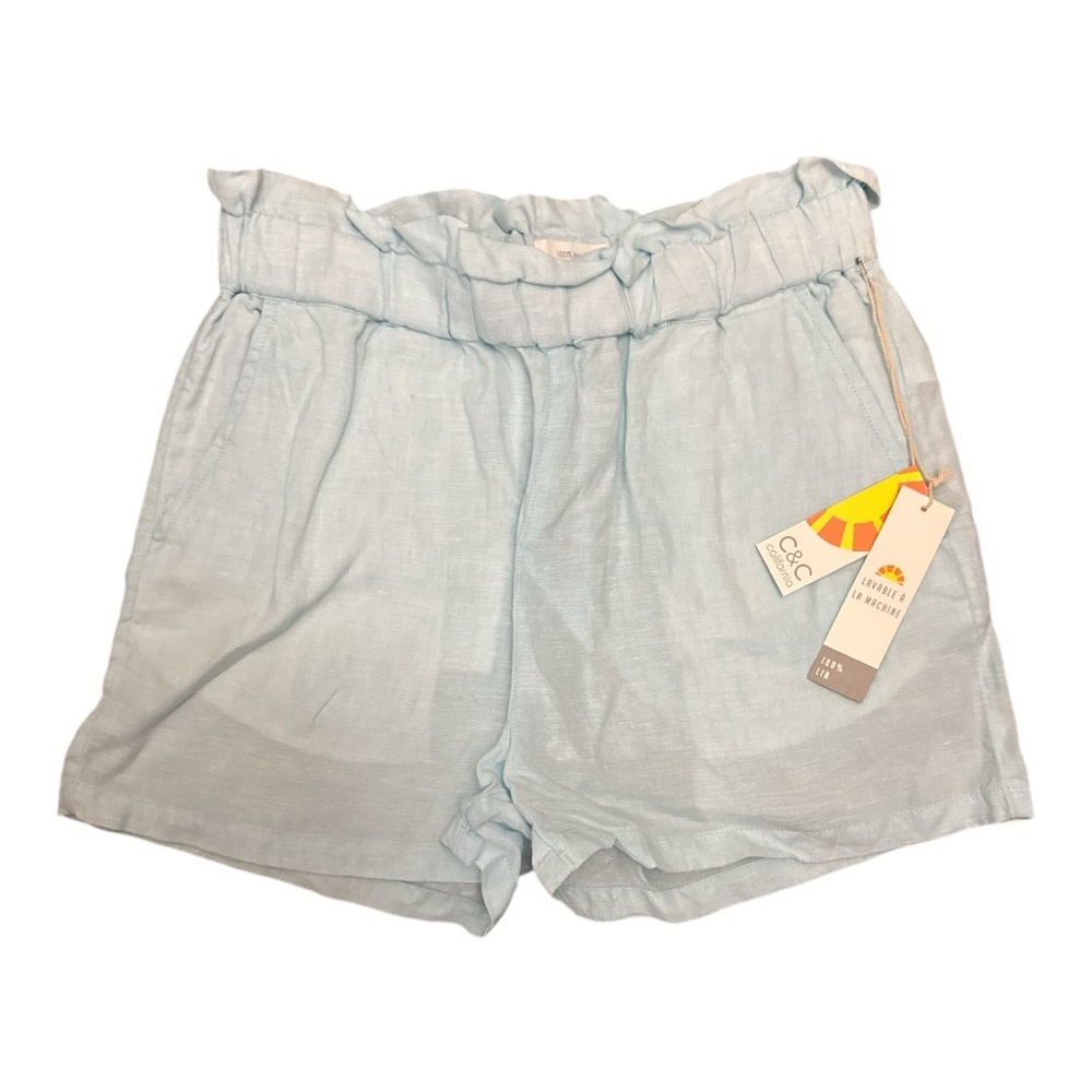 C&C CALIFORNIA NWT Ladies Light Blue Paper Bag Linen Shorts Small Coastal Beach